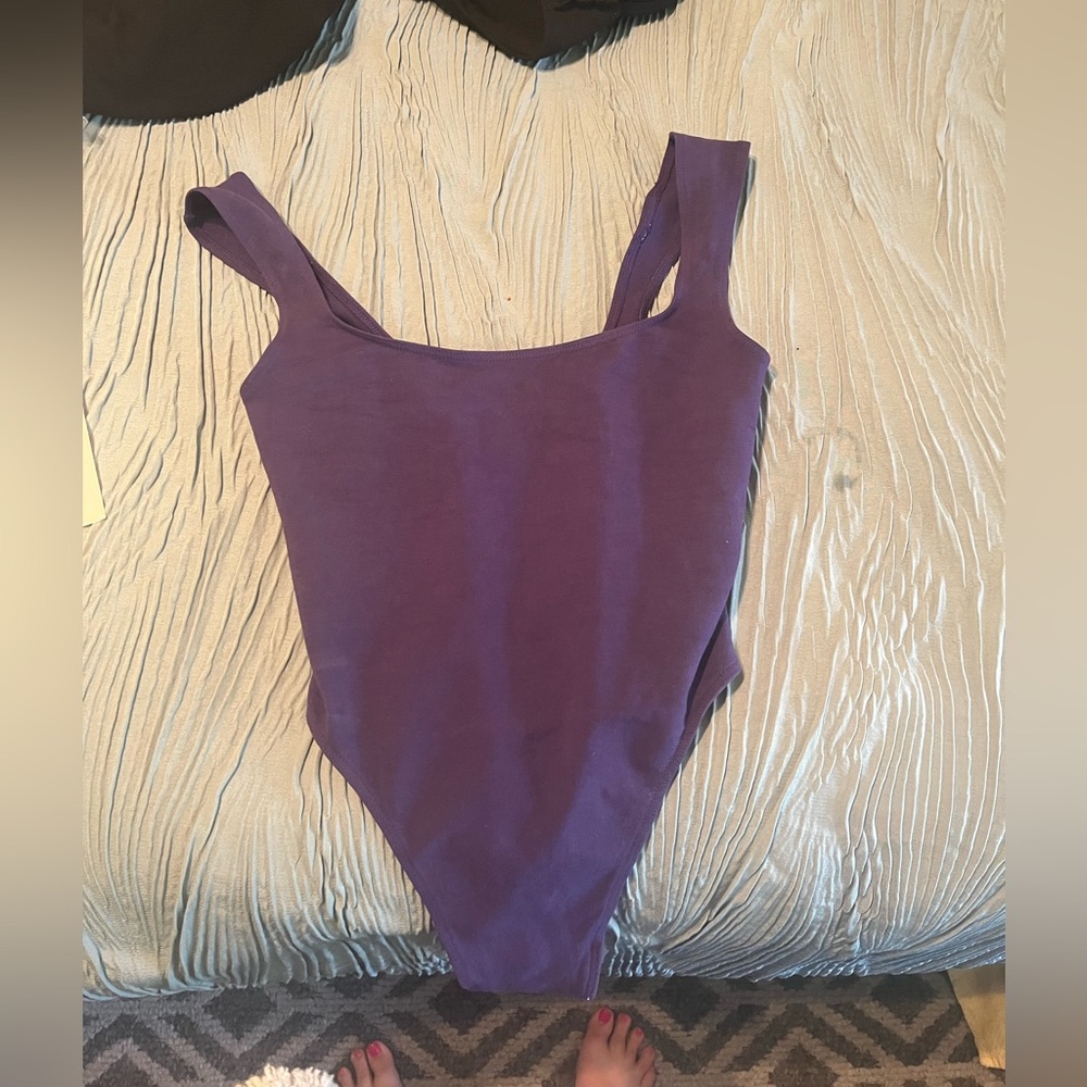 Los Angeles Apparel Garment Dyed Square Neck Bodysuit in Purple Size Small